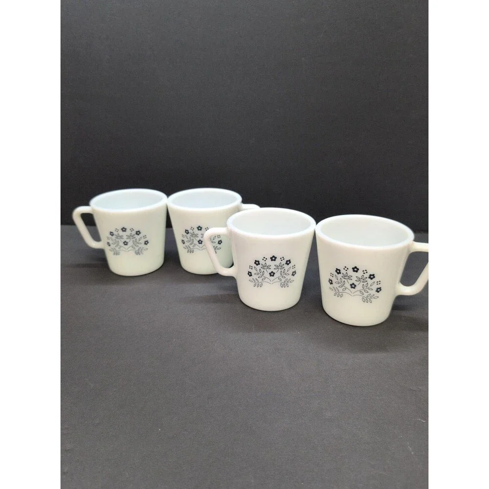 Pyrex Summer Impressions Blue Flower Coffee Cup White Milk Glass Set of 4